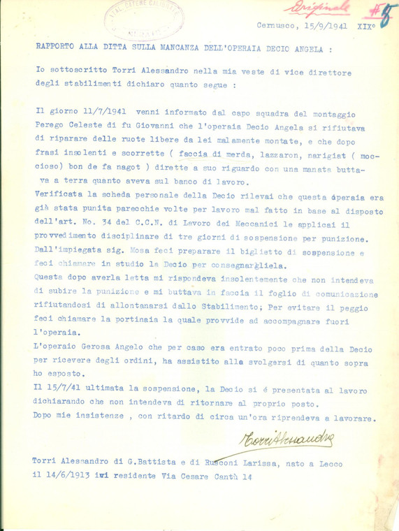 1941 CERNUSCO SUL NAVIGLIO Operaia Angela DECIO insulta violentemente il capo