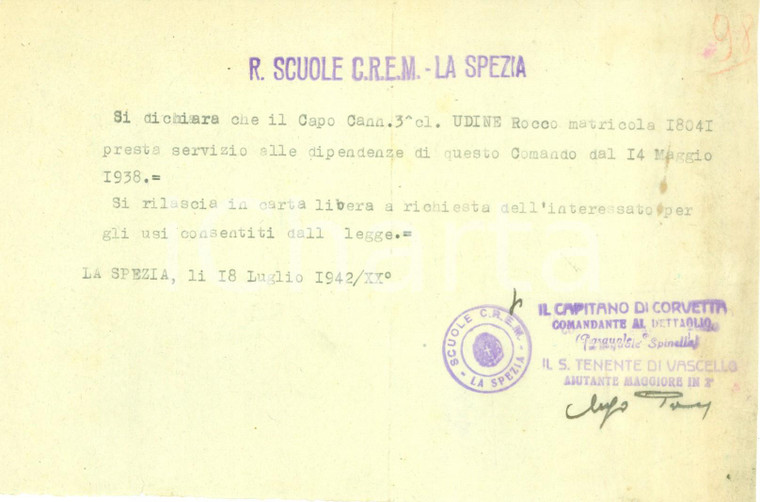 1942 LA SPEZIA Capocannoniere Rocco UDINE in servizio al C.R.E.M. *Documento