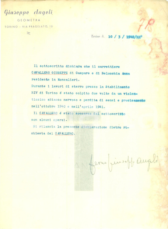 1942 TORINO Giuseppe CAVALLERO perde i sensi durante sterro Stabilimento RIV