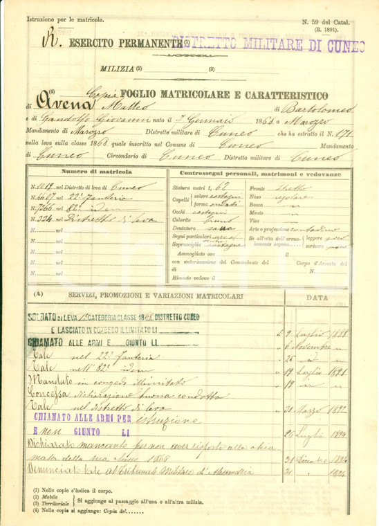 1891 CUNEO Soldato Matteo AVENA punito per aver voluto troppo caffè *Documento
