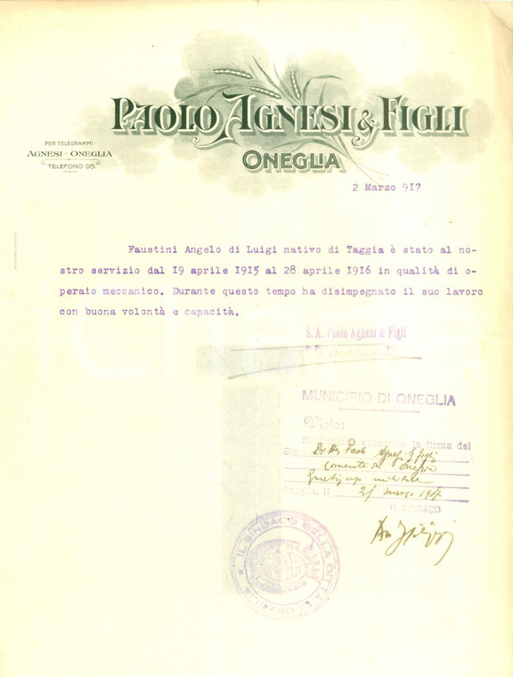 1917 IMPERIA ONEGLIA Paolo AGNESI & Figli su operaio Angelo FAUSTINI *Documento
