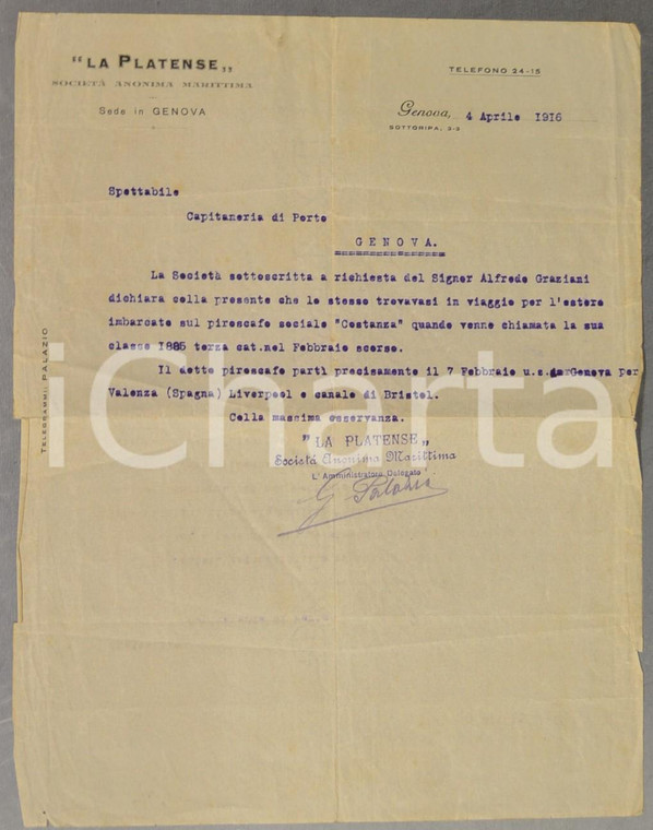 1916 GENOVA Società Anonima Marittima PLATENSE Alfredo GRAZIANI vapore COSTANZA