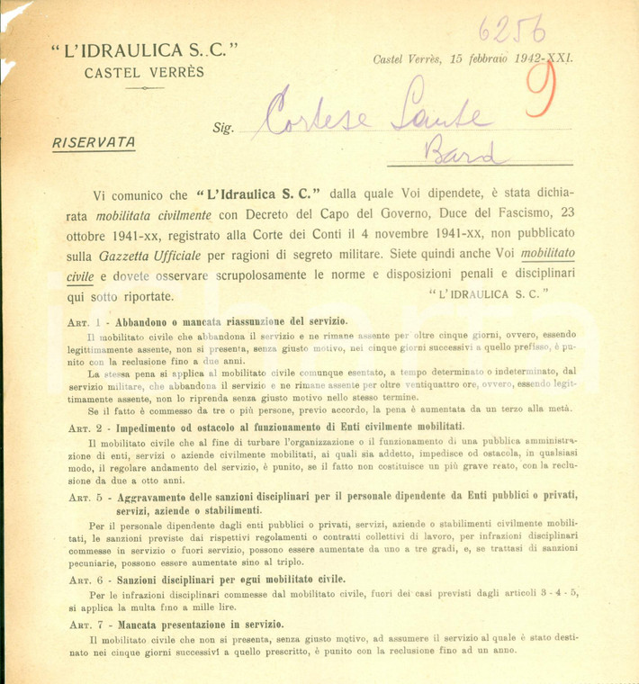 1942 CASTEL VERRES (AO) WW2 Ditta L'Idraulica mobilitata civilmente *Documento