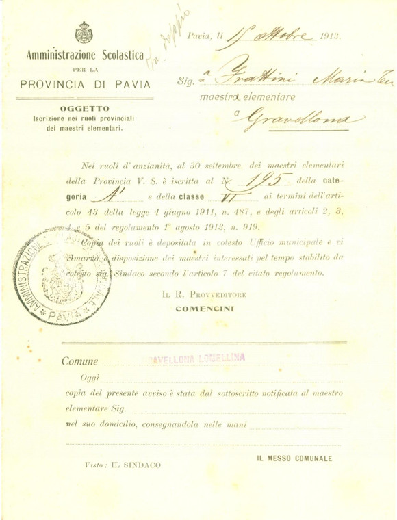 1913 GRAVELLONA LOMELLINA PV Maestra Maria Teresa FRATTINI iscritta in anzianità