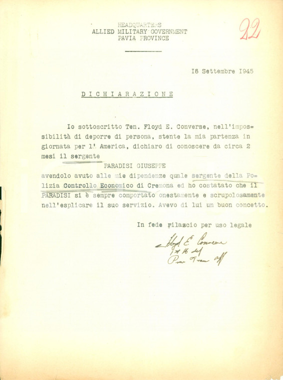 1945 PAVIA Allied Military Government Floyd E. CONVERSE su Giuseppe PARADISI