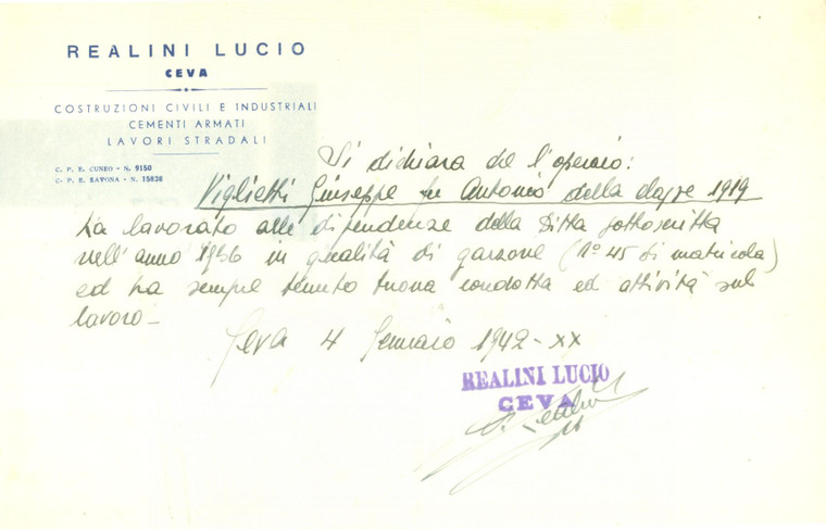 1942 CEVA (CN) Giuseppe VIGLIETTI garzone per la Ditta Lucio REALINI *Documento