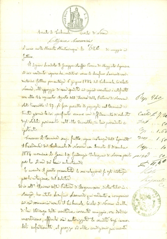 1885 GATTICO (NO) Serafino LEONARDI vende immobili per pagare i debiti Documento