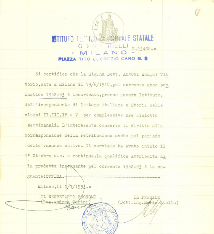 1953 MILANO Ada ANNONI ottima insegnante all'Istituto Tecnico FELTRINELLI