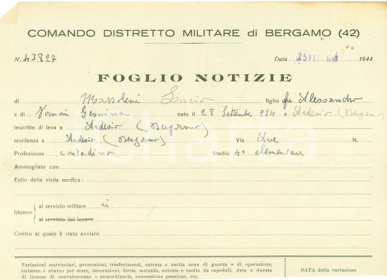1944 ARDESIO (BG) RSI Foglio notizie contadino Lucio MAZZOLENI *Documento