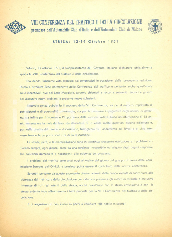 1951 STRESA (VB) VIII Conferenza Traffico e Circolazione Programma e regolamento