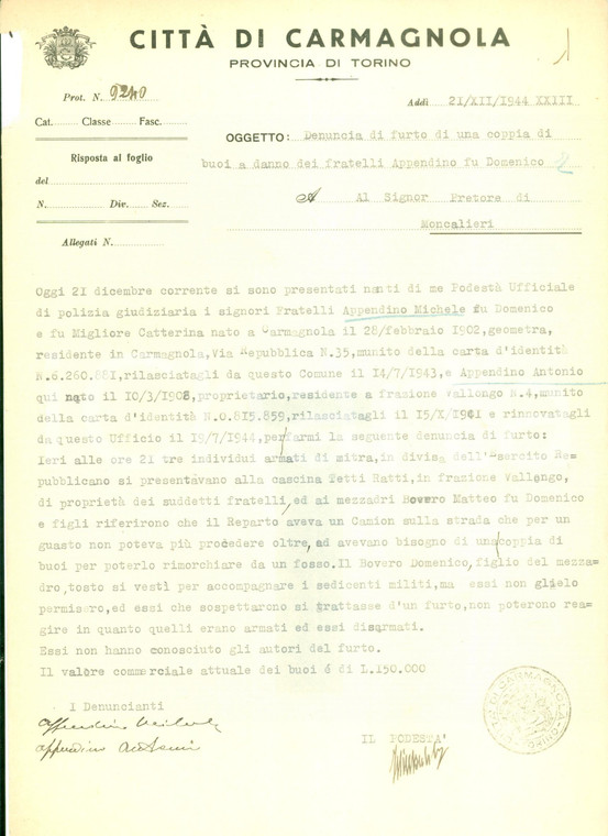 1944 CARMAGNOLA (TO) RSI Esercito Repubblicano ruba buoi ai fratelli APPENDINO