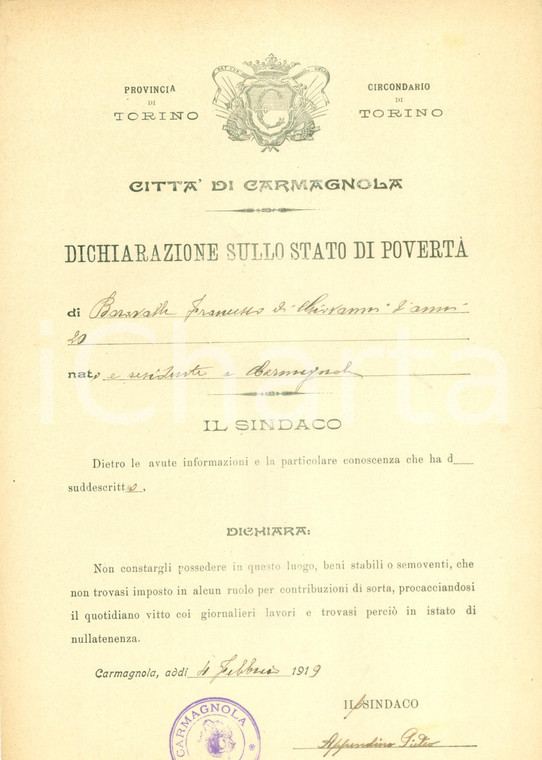 1919 CARMAGNOLA (TO) Stato di povertà di Francesco BARAVALLE *Documento
