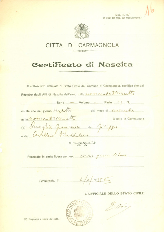 1935 CARMAGNOLA (TO) Certificato di nascita di Francesco QUAGLIA *Documento