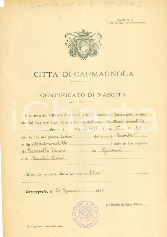 1919 CARMAGNOLA (TO) Certificato di nascita di Francesco BARAVALLE *Documento