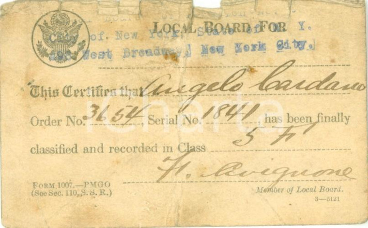 1918 NEW YORK CITY (USA) Registrazione immigrato Angelo CARDANO *DANNEGGIATA
