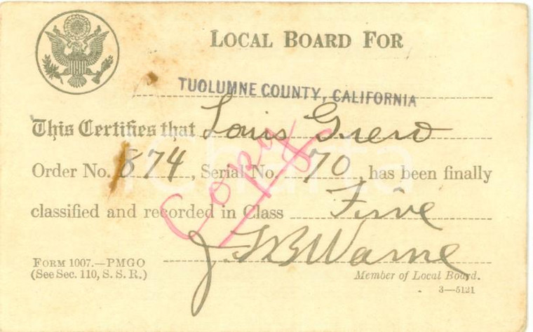 1918 SONORA, CALIFORNIA (USA) Registrazione immigrato Louis GRECO *Tessera