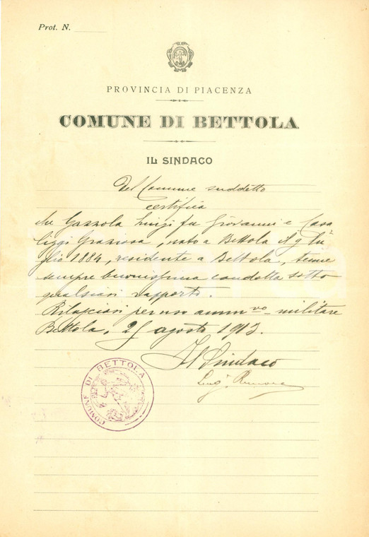 1913 BETTOLA (PC) Luigi GAZZOLA ha sempre tenuto buonissima condotta *Documento