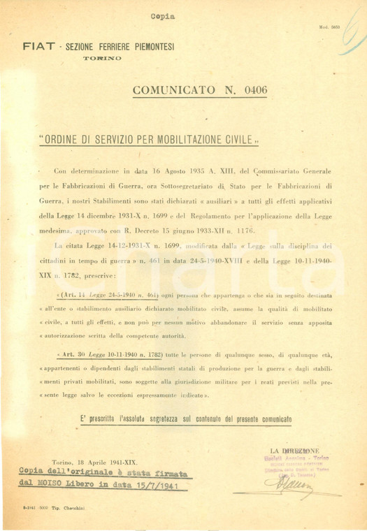 1941 TORINO FIAT Sezione Ferriere Piemontesi Ordine Mobilitazione Civile SEGRETO