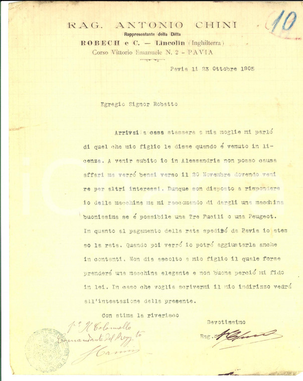 1905 PAVIA Rag. Antonio CHINI chiede PEUGEOT o TRE FUCILI per il figlio *Lettera