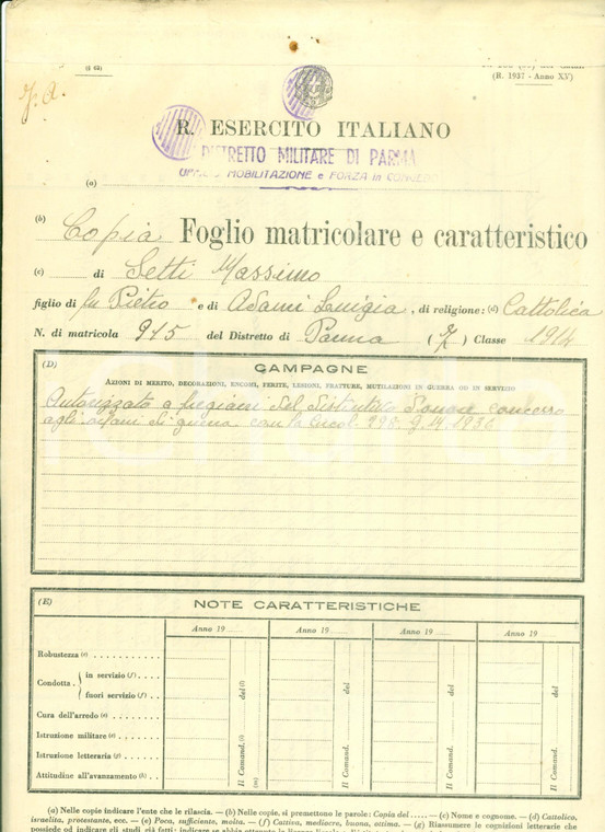 1934 - 1944 BERCETO (PR) Foglio matricolare soldato Massimo SETTI