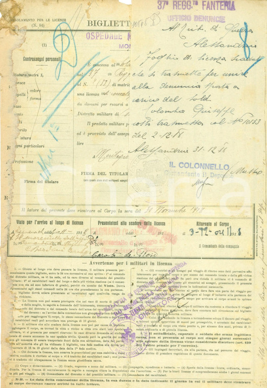 1918 MONTEGROTTO TERME (PD) WW1 Licenza al soldato Giuseppe COLOMBO *DANNEGGIATO