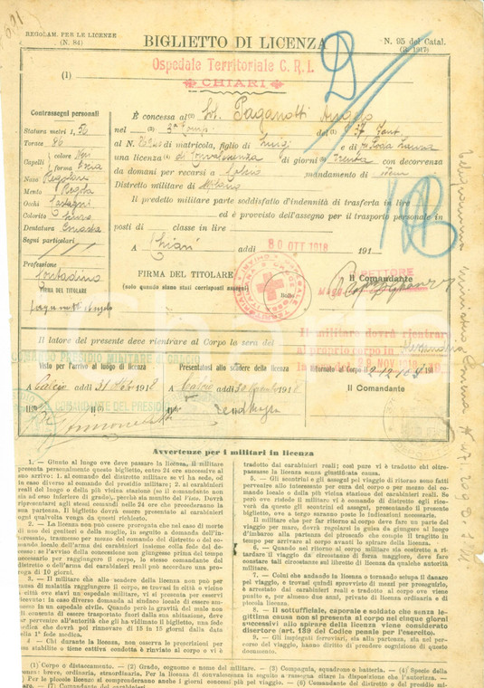 1918 CHIARI (BS) WW1 Ospedale C.R.I. Licenza ad Angelo PAGANOTTI *DANNEGGIATO