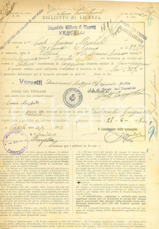 1918 VERCELLI WW1 Licenza al capitano Michele CURCIO *Documento
