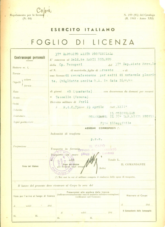 1944 EMILIA RSI Licenza a Roberto SANTI Esercito Nazionale Repubblicano