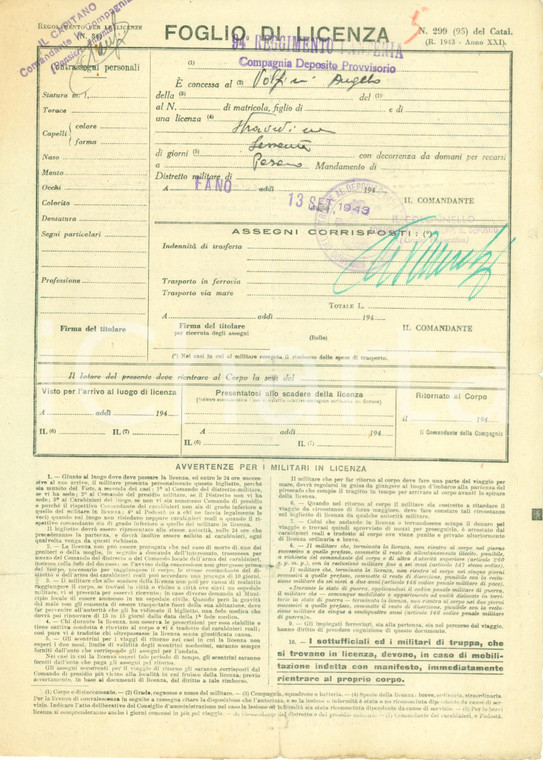 1943 FANO (PU) WW2 Licenza straordinaria per Angelo VOLPINI di PESARO