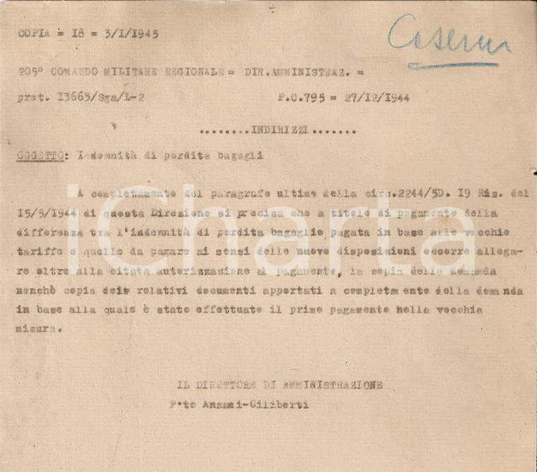 1944 RSI POSTA DA CAMPO 795 Indennità di perdita bagagli *Documento