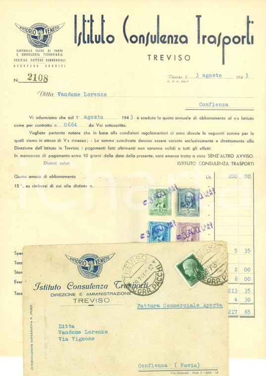 1943 TREVISO Istituto Consulenza Trasporti *Fattura commerciale intestata