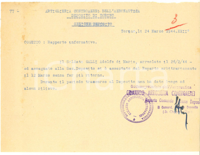 1944 TORINO RSI Artiglieria Controaerei Adolfo GALLI non rientra dalla licenza