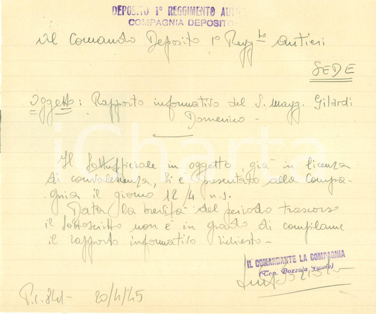 1945 TORINO RSI Sergente Domenico GILARDI in licenza di convalescenza *Documento