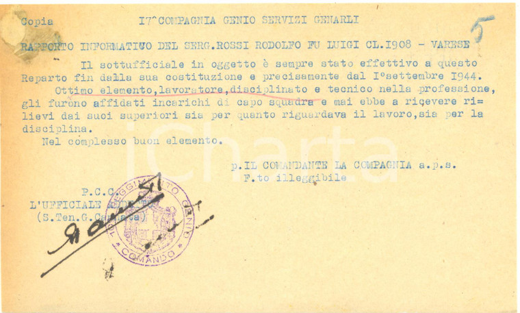 1945 WW2 RSI Sergente Rodolfo ROSSI ottimo elemento e lavoratore *Documento