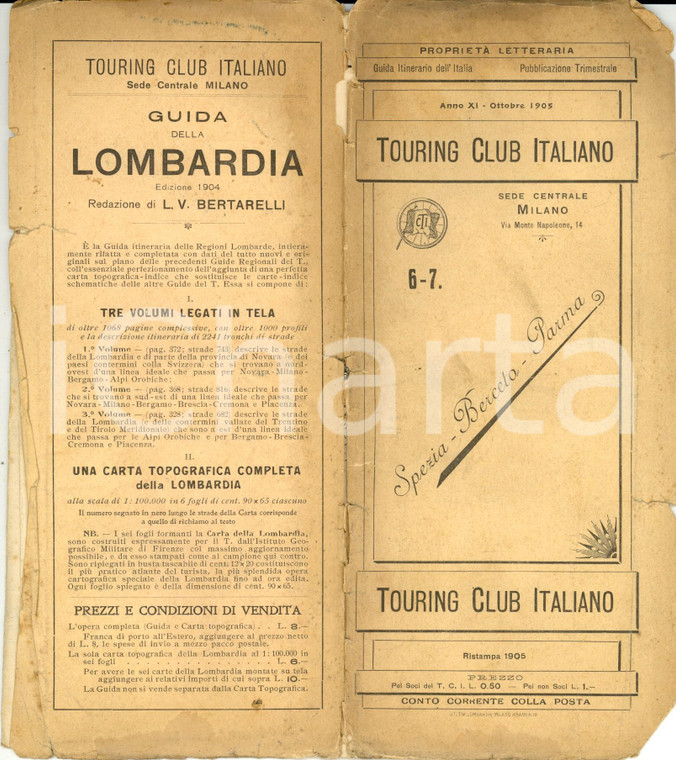 1905 TOURING CLUB ITALIANO Planimetrie LA SPEZIA-BERCETO-PARMA *Anno XI n. 6-7