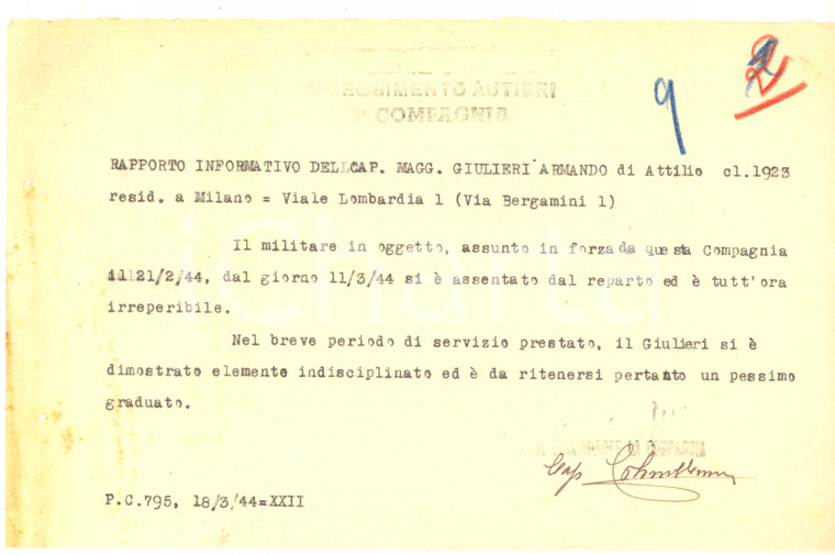 1944 MILANO RSI Il Capitano Armando GIULIERI è un pessimo graduato *Documento