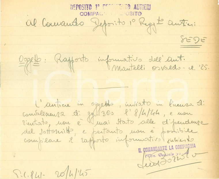 1945 TORINO RSI DEPOSITO AUTIERI Osvaldo MANTELLI non rientra dalla licenza