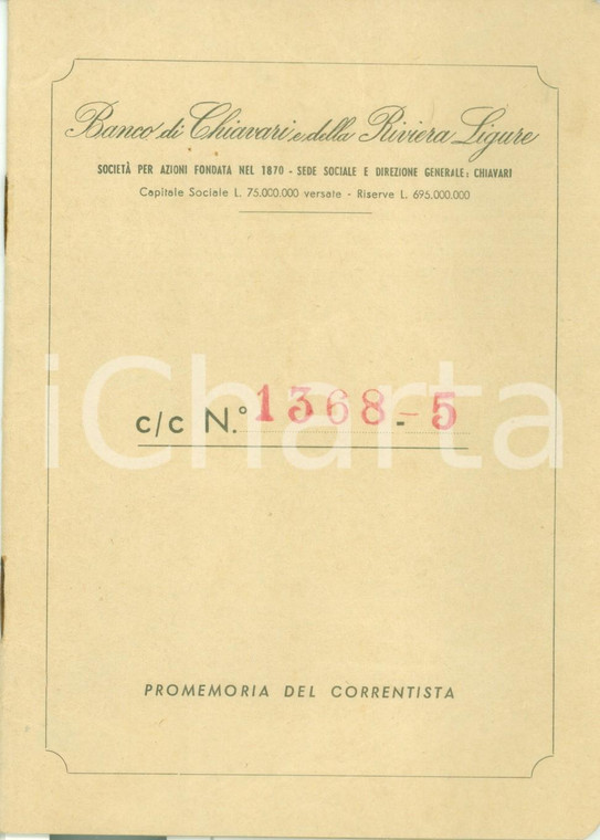 1962 BANCO DI CHIAVARI Promemoria operazioni del correntista *Libretto bancario