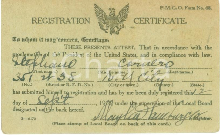 1918 NEW YORK (USA) Registrazione immigrato Stefano CORNERO *Documento