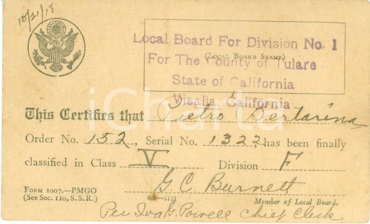 1918 TULARE, CALIFORNIA (USA) Tessera dell'immigrato Pietro BERTARINA *Documento