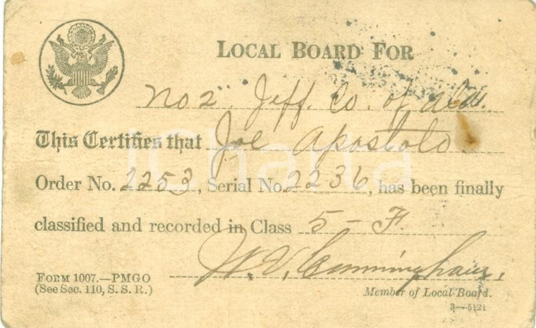 1918 BROOKSIDE, ALABAMA (USA) Tessera dell'immigrato Joe APOSTOLO *Documento