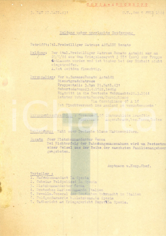 1944 GENOVA RSI Marinaio Renato ASTALDI si allontana senza permesso Documento