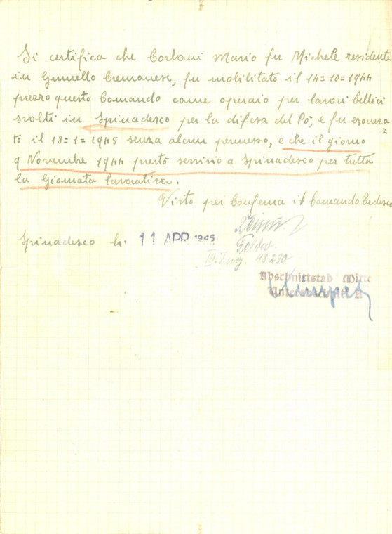 1945 SPINADESCO (CR) RSI Mario CARLONI mobilitato come operaio per lavori al PO