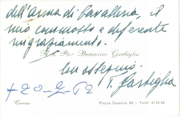 1962 TORINO Avvocato Domenico GARBIGLIA ringrazia per condoglianze *AUTOGRAFO