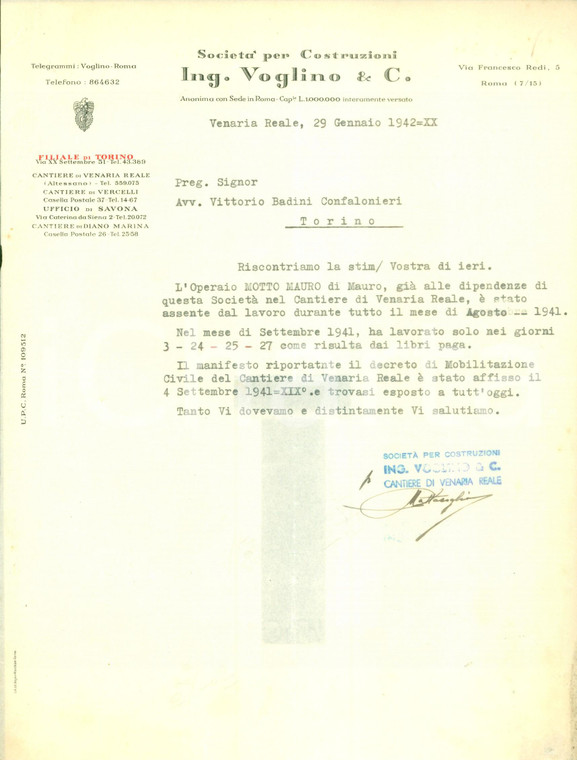 1942 VENARIA REALE Società per Costruzioni VOGLINO & C. su operaio Mauro MOTTO