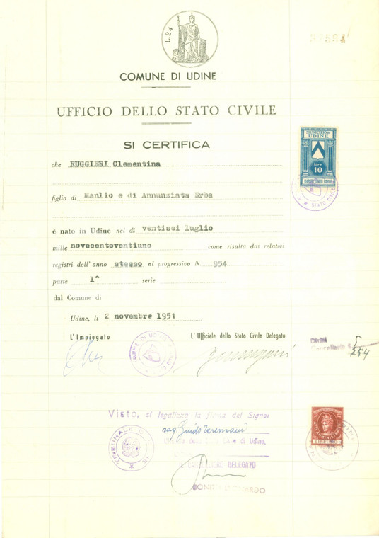 1951 UDINE Certificato di nascita di Clementina RUGGIERI *Documento