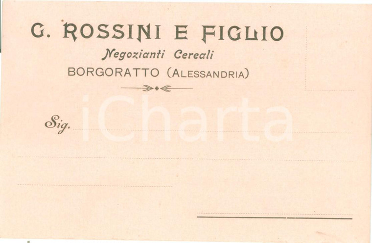1910 ca BORGORATTO (AL) Negozianti cereali ROSSINI E FIGLIO inviano vino barbera