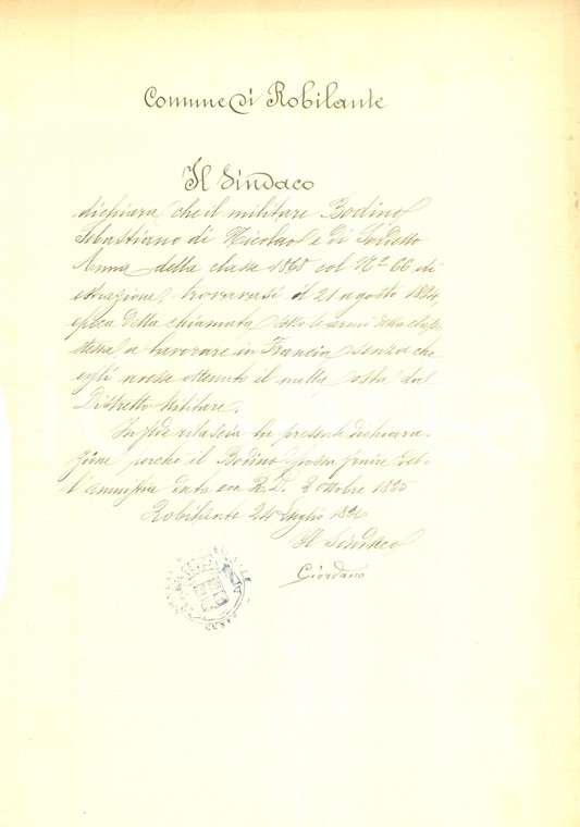 1895 ROBILANTE (CN) Soldato Sebastiano BODINO in FRANCIA senza permesso