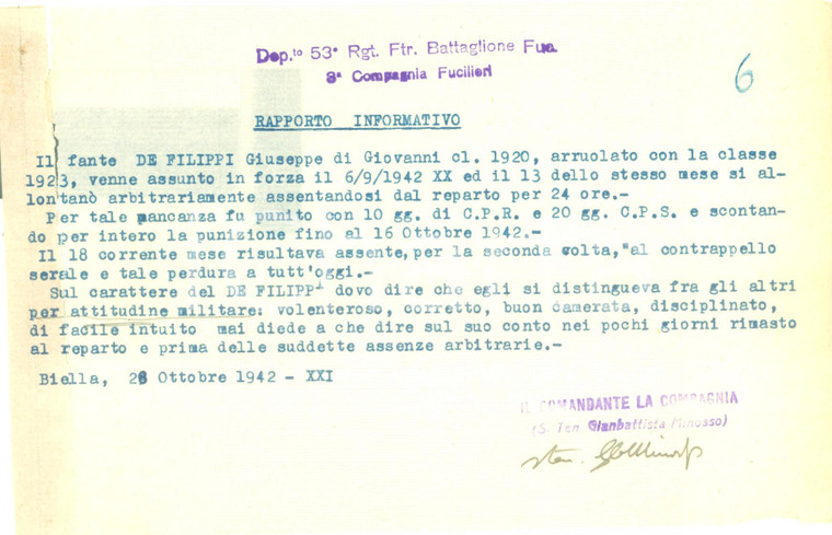 1942 BIELLA 53° Reggimento Fucilieri Giuseppe DE FILIPPI assente all'appello