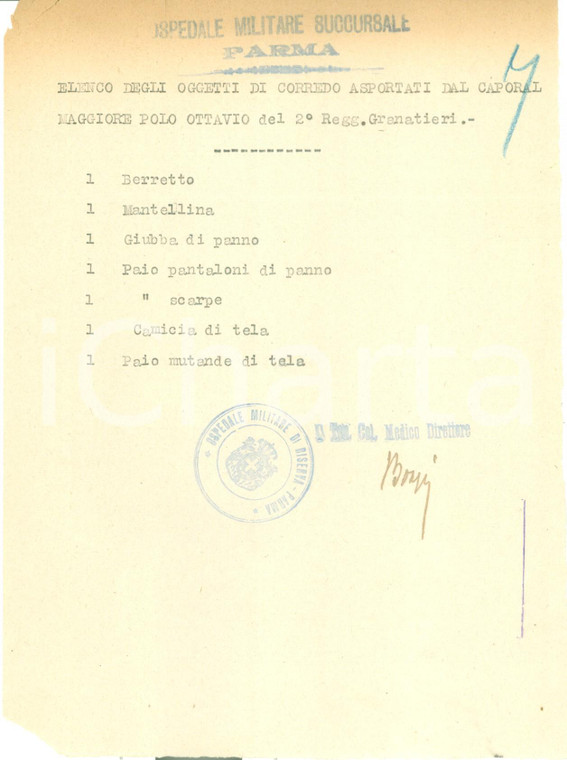 1940 ca PARMA WW2 Caporal Maggiore Ottavio POLO ruba oggetti all'Ospedale